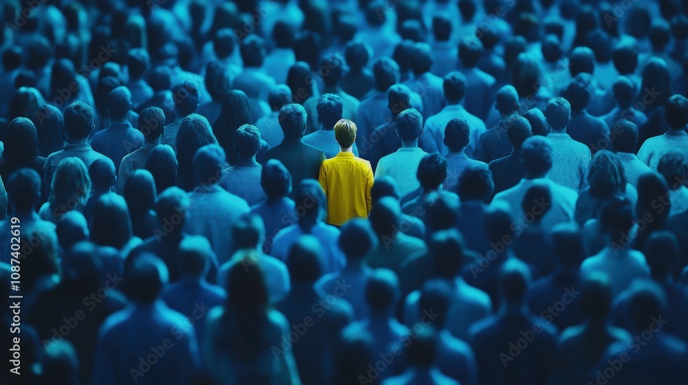 Obraz premium A lone individual in a sea of blue, wearing a bright yellow jacket