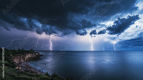 Dramatic lightning strikes over a dark ocean at night.