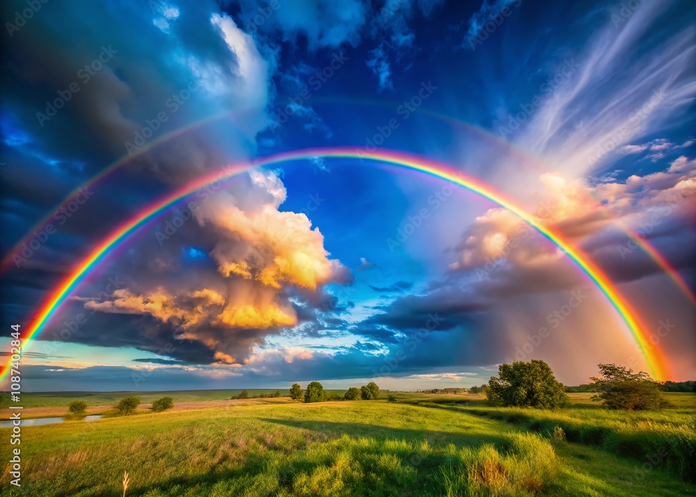 Stunning Double Rainbow Illuminates the Blue Sky After a Summer Downpour, Capturing Nature's Vibrant Colors in Low Light Photography Stunning Double Rainbow Illuminates the Blue Sky After a Summer Downpour, Capturing Nature's Vibrant Colors in Low Light Photography