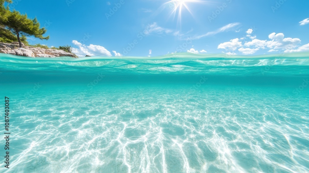 A serene crystal-clear ocean view under a vibrant blue sky, with sunlight dancing on the water surface, bordered by lush green trees, evoking peace and tranquility. A serene crystal-clear ocean view under a vibrant blue sky, with sunlight dancing on the water surface, bordered by lush green trees, evoking peace and tranquility.