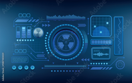 Abstract background. Cyber dashboard. Radar infographic. Blue circle graphic. Data round neon chart. Industry design panel. Science network. UI hologram. Vector Sci-Fi HUD elements set