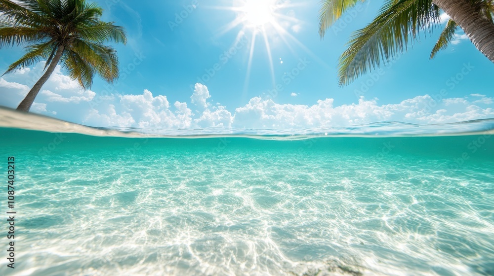 Fototapeta premium A picturesque ocean scene with palm trees swaying under a sunny sky, showcasing natural beauty and providing a sense of tropical relaxation and serene escape.