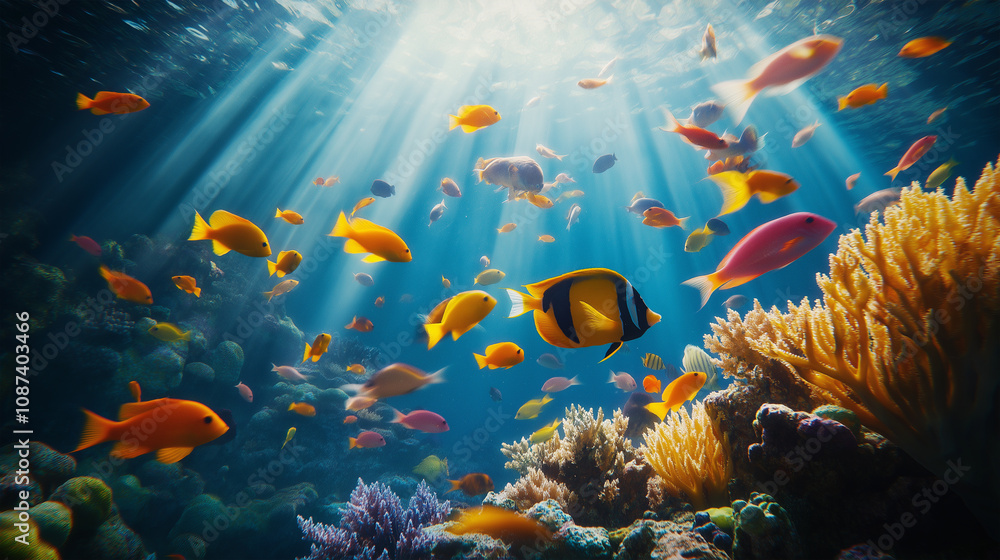 Naklejka premium Underwater Paradise Showcasing Coral and Tropical Fish Diversity.