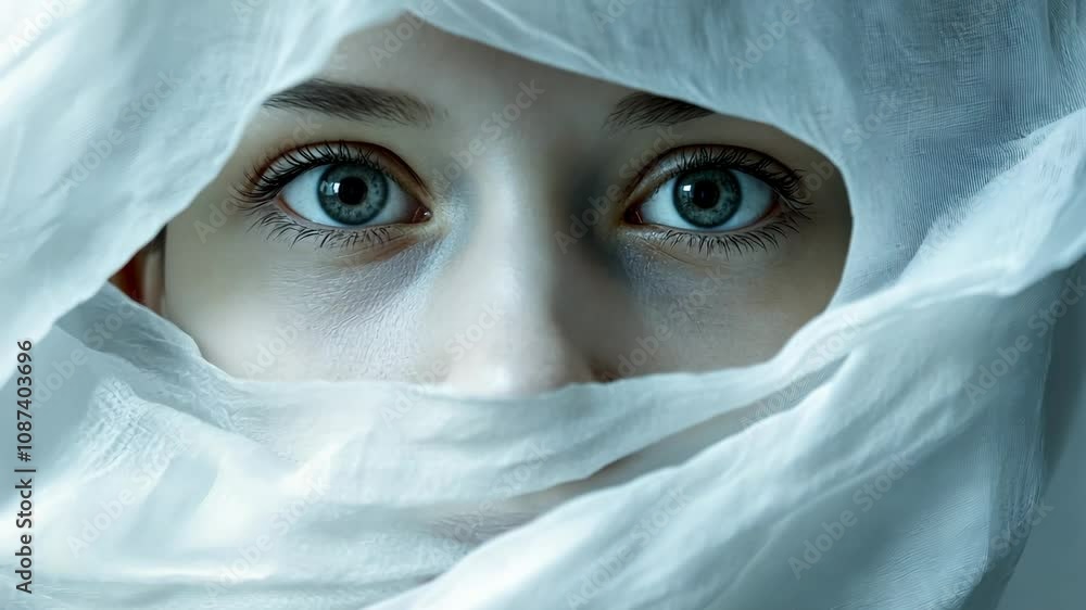 Caucasian woman wearing white veil staring at viewer Caucasian woman wearing white veil staring at viewer