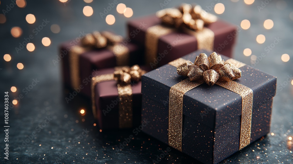 Elegant Dark Gift Boxes with Gold Ribbons Surrounded by Soft Bokeh Lights Perfect for Holiday Celebrations and Festive Occasions Elegant Dark Gift Boxes with Gold Ribbons Surrounded by Soft Bokeh Lights Perfect for Holiday Celebrations and Festive Occasions