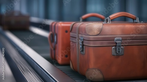 The airport conveyor belt system moves luggage efficiently. Vintage luggage on a baggage carousel photo