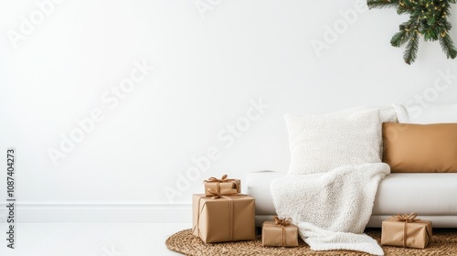 A relaxing living room scene adorned with carefully wrapped presents and a soft, inviting blanket, creating an atmosphere of warmth and comfort.