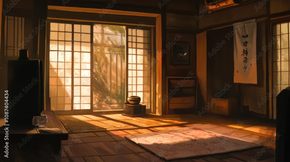 Sunlit Japanese Room With Wooden Floor And Sliding Doors Sunlit Japanese Room With Wooden Floor And Sliding Doors