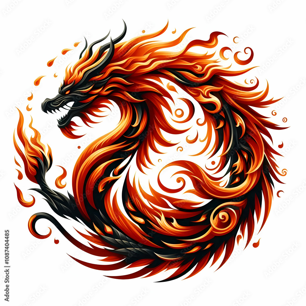 Fire dragon symbol and fiery scales isolated concept as A sleek fire dragon design with individual fiery scales rendered in detailed vector style against a white background. in Photo Stock Concept Fire dragon symbol and fiery scales isolated concept as A sleek fire dragon design with individual fiery scales rendered in detailed vector style against a white background. in Photo Stock Concept