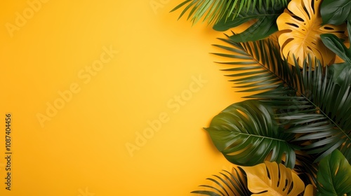 Lush green and golden tropical leaves artfully arranged against a vivid yellow background, creating a refreshing and lively tropical theme. photo