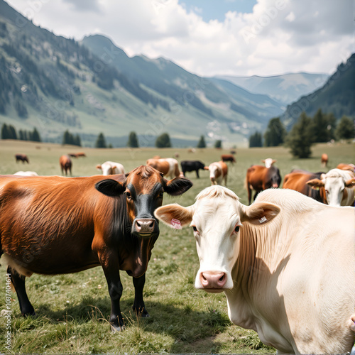 cows grazing on the Bobbio plains, Lombardy Alps, Italy. photo