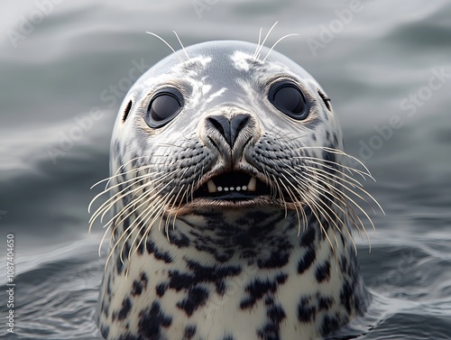 Leopard seal looking fierce mouth slightly open with a white background real photo of animal