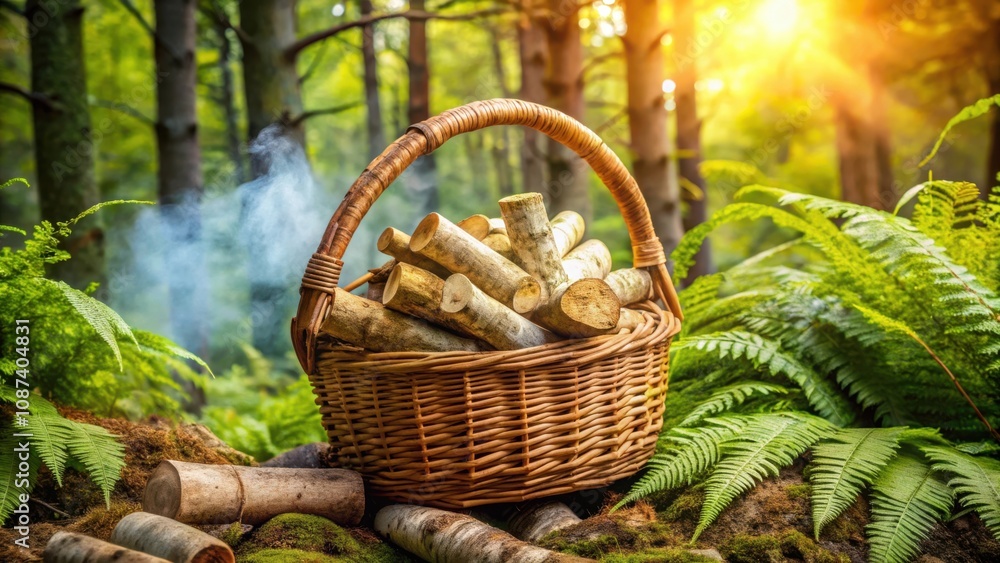 Wicker Basket Filled with Firewood in a Forest Setting, Ready for a Campfire under a Sunlit Canopy Wicker Basket Filled with Firewood in a Forest Setting, Ready for a Campfire under a Sunlit Canopy