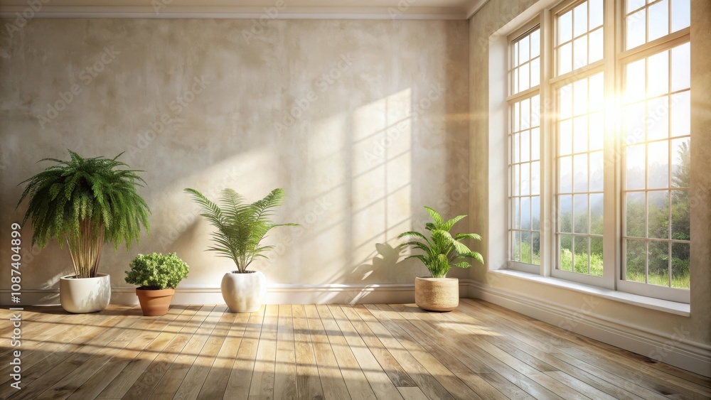 Sunlight streaming through a large window illuminates a room with potted plants and hardwood flooring Sunlight streaming through a large window illuminates a room with potted plants and hardwood flooring