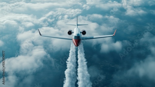 A luxurious private jet streaks through the sky, leaving a perfectly defined vapor trail amidst a vast, beautiful cloud backdrop, embodying speed and elegance. photo