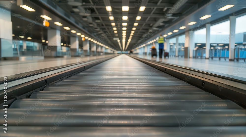 The airport conveyor belt system moves luggage efficiently. Conveyor belt in an airport terminal The airport conveyor belt system moves luggage efficiently. Conveyor belt in an airport terminal
