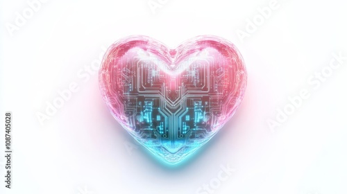 Digital heart shape with AI circuitry pattern. Glowing in soft pink and blue tones. Futuristic love and romance.