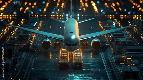 A cargo plane with blockchain tracked goods on board symbolizing the use of secure and transparent technology in global logistics and supply chain management