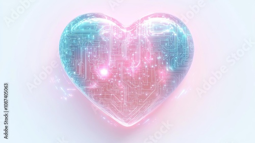 Digital heart shape with AI circuitry pattern. Glowing in soft pink and blue tones. Futuristic love and romance.