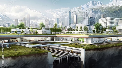 A conceptual 3D rendering of a futuristic cityscape with a cross section view showcasing a sustainable underground geothermal heating system that warms the modern skyscrapers and buildings above