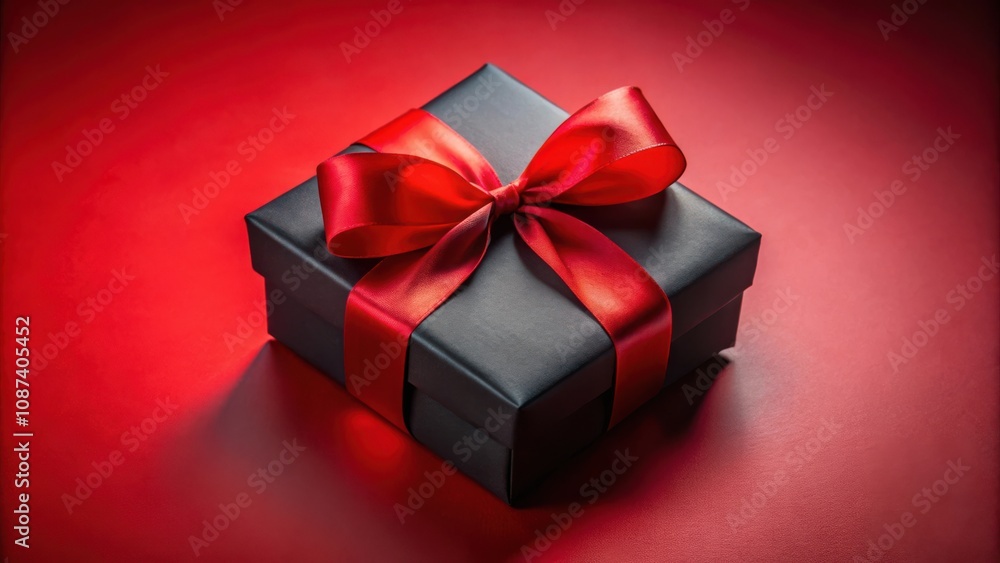 Obraz premium Elegant black gift box with a bright red satin ribbon bow on a red background
