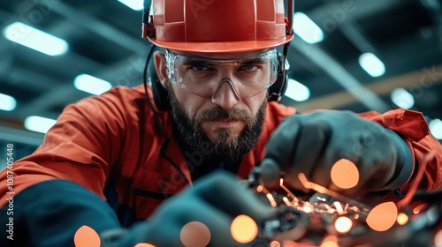 An electrician concentrated on high-tech wiring amidst sparks, reflecting expertise, modern electric solutions, and dedication to technical excellence in industry. photo