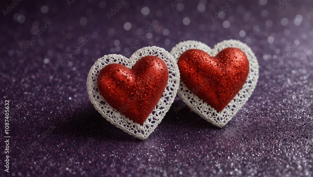 Two Soft red Hearts With Lace On Purple Glitter Background With Sparkles - Valentine's Day Concept Two Soft red Hearts With Lace On Purple Glitter Background With Sparkles - Valentine's Day Concept
