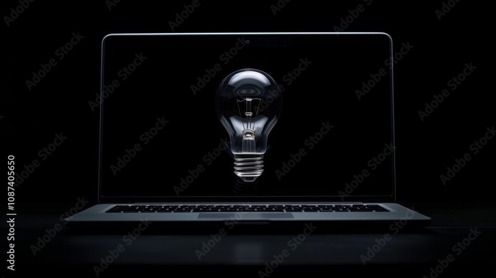 Creative innovation concept with hovering lightbulb and laptop screen for modern technology design Creative innovation concept with hovering lightbulb and laptop screen for modern technology design