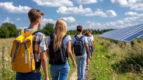A group of students on a field trip to a solar farm learning about renewable energy sustainable technology and the importance of environmental conservation through hands on and discovery