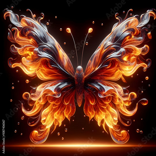 Glossy flame butterfly in abstract motion concept as A glowing butterfly with wings made of fiery glossy flames moving dynamically in an ethereal digital art composition. in Photo Stock Concept 