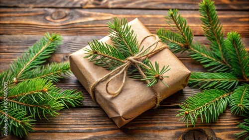 A simple brown gift package tied with twine and adorned with fresh pine sprigs, sitting on a rustic wooden surface.