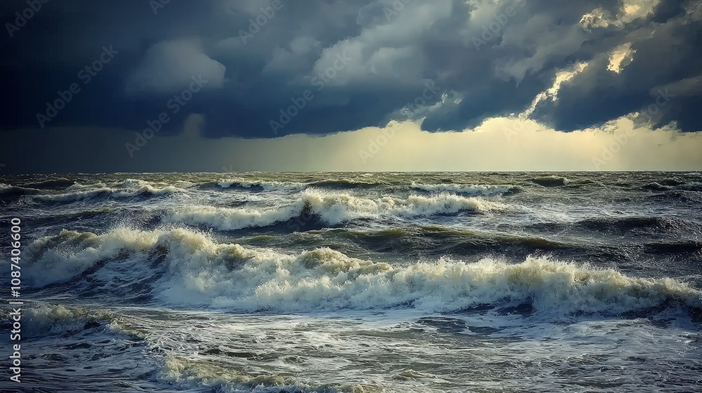 Dramatic stormy seascape with large waves under a dark, brooding sky. Dramatic stormy seascape with large waves under a dark, brooding sky.