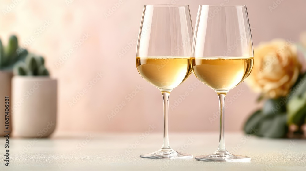 Elegant glasses of Chardonnay, warm golden hues, soft reflections, luxurious and cozy setting Elegant glasses of Chardonnay, warm golden hues, soft reflections, luxurious and cozy setting