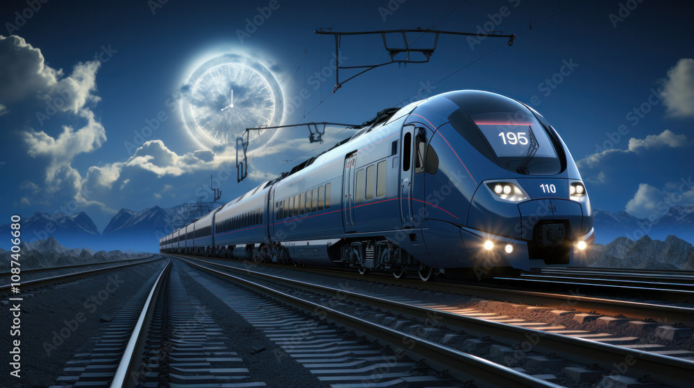 Naklejka premium A sleek blue train travels along tracks under a glowing moonlit sky in a mountain landscape during the night