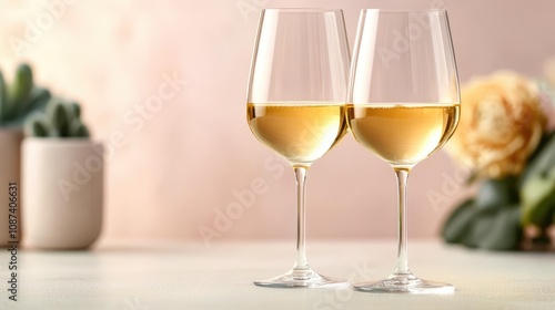 Elegant glasses of Chardonnay, warm golden hues, soft reflections, luxurious and cozy setting