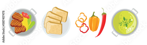 Tasty Food and Meal Different Served Vector Set