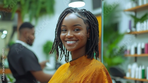 A satisfied woman smiles as she admires her new hairstyle in the mirror with a proud stylist standing behind her in a stylish and well appointed hair salon  The image conveys a sense of satisfaction photo