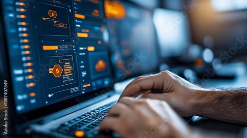 Advanced blockchain powered logistics control room with multiple data rich dashboards and monitors displaying real time supply chain transactions analytics