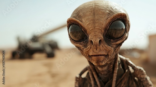 A single alien with a textured face observes its surroundings in a desert, with advanced technology hinting at an extraterrestrial landscape that is both strange and captivating. photo