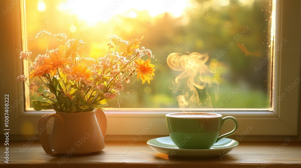 custom made wallpaper toronto digitalA cozy scene of a steaming cup of coffee beside a vibrant flower arrangement, illuminated by warm morning sunlight through a window.