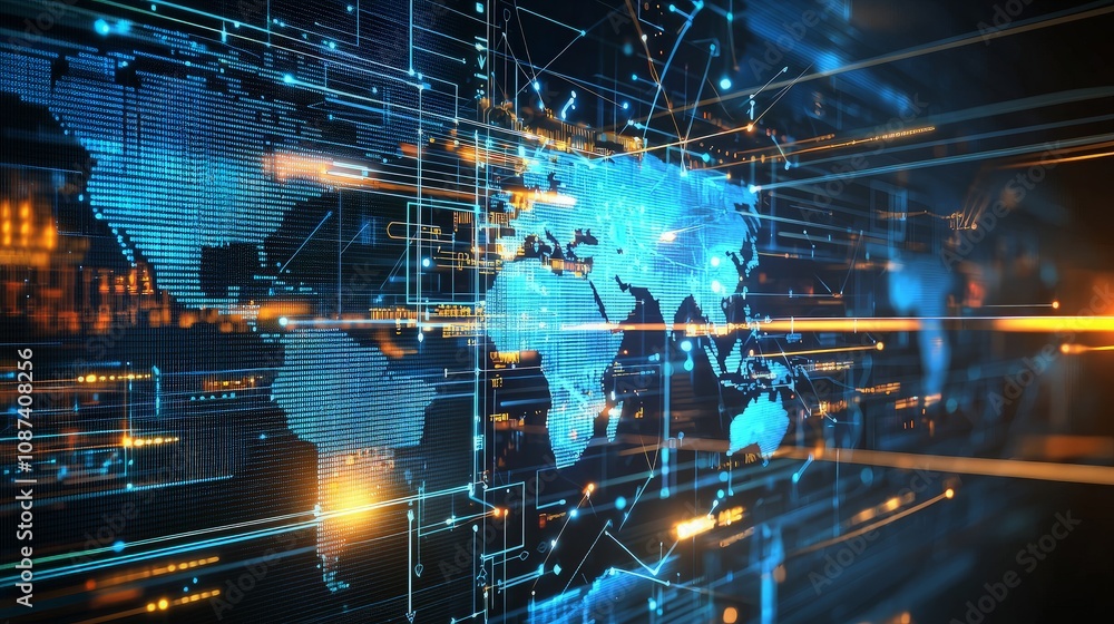 Global network connection, digital world map with data streams. Global network connection, digital world map with data streams.