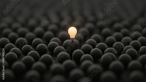 A glowing light bulb stands out among a sea of black spheres, symbolizing innovation and uniqueness in a crowd.