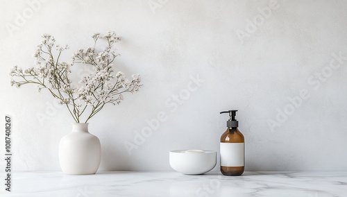 Serene Bathroom Still Life: Minimalist Ambiance with Dried Flowers and Amber Bottle