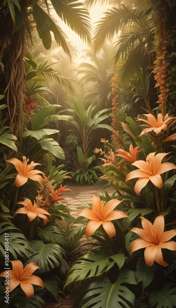 Tropical exotic pattern with animal and flowers in bright colors and lush vegetation Tropical exotic pattern with animal and flowers in bright colors and lush vegetation