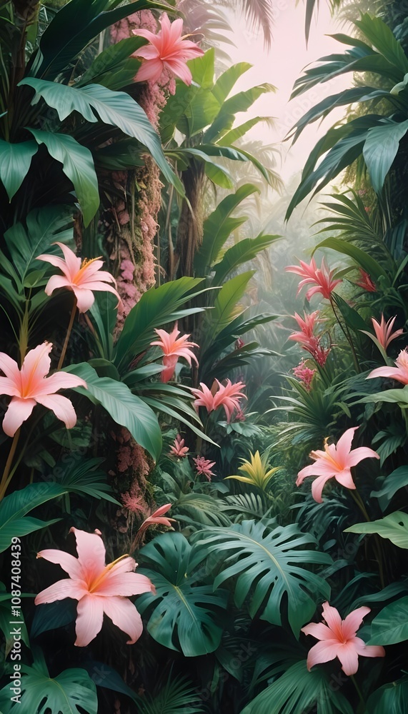 Tropical exotic pattern with animal and flowers in bright colors and lush vegetation Tropical exotic pattern with animal and flowers in bright colors and lush vegetation