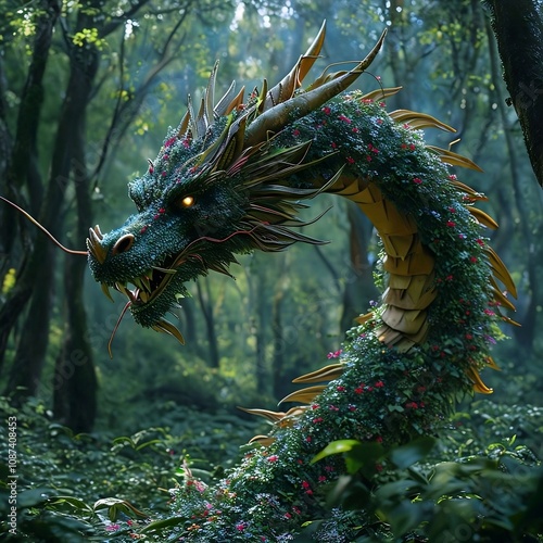 Un drago fatto di fiori e foglie in una foresta incantata A dragon made of flowers and leaves in an enchanted forest	
 photo