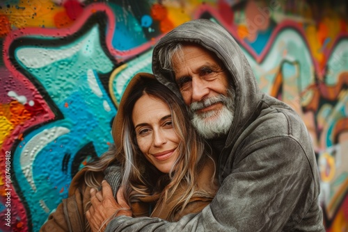 Portrait of a tender mixed race couple in their 60s sporting a comfortable hoodie isolated in vibrant graffiti wall