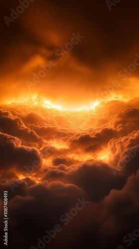 Dramatic sky at sunset with rising smoke and illuminated clouds in vertical scene