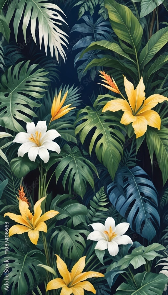 Tropical exotic pattern with animal and flowers in bright colors and lush vegetation Tropical exotic pattern with animal and flowers in bright colors and lush vegetation