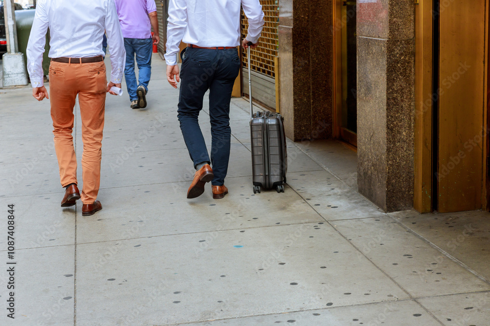 Two men in dress shirts, slacks stroll along busy city sidewalk, one pulling carry on suitcase, indicating travel professional meeting nearby. Two men in dress shirts, slacks stroll along busy city sidewalk, one pulling carry on suitcase, indicating travel professional meeting nearby.